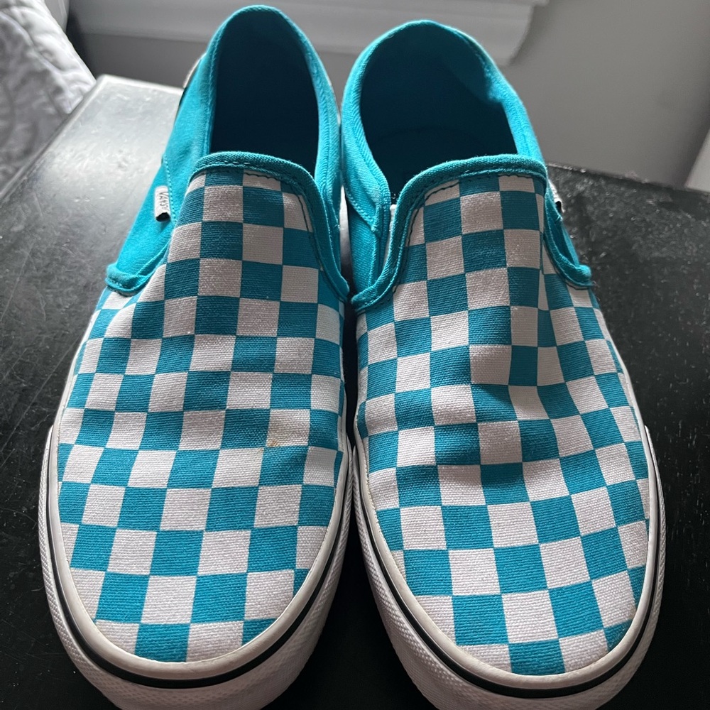 Vans Checkered Slip-On Sneakers - Teal and White